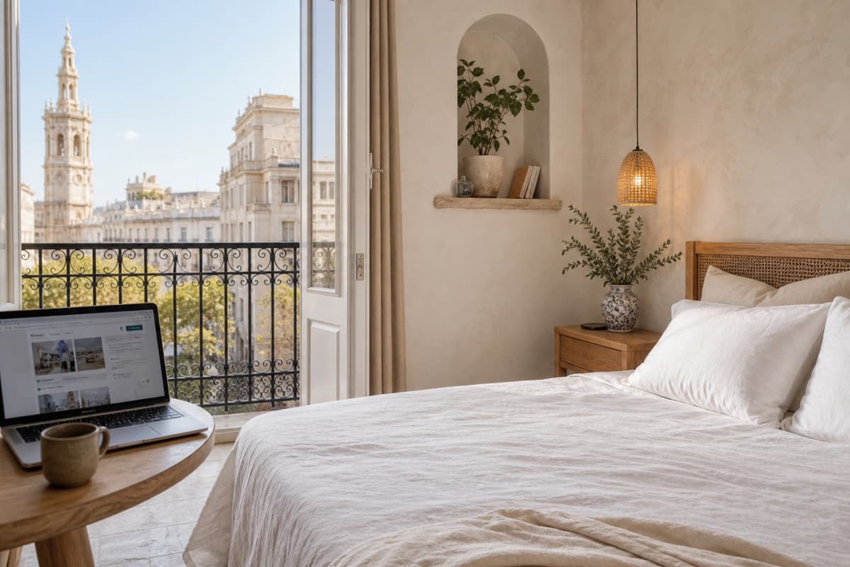 A laptop on a bedside table showing a Zonbook listing being drafted, beside a made bed with a city view