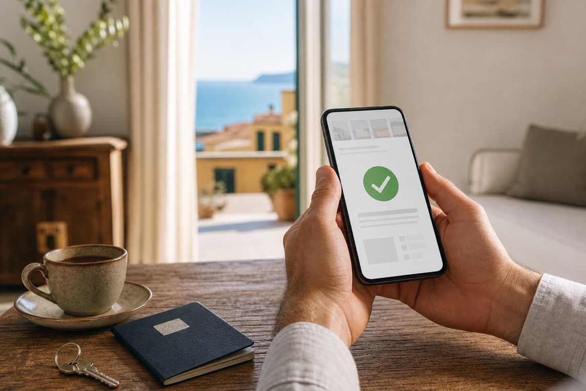 A host holding a phone showing a green verification checkmark, with keys on the table